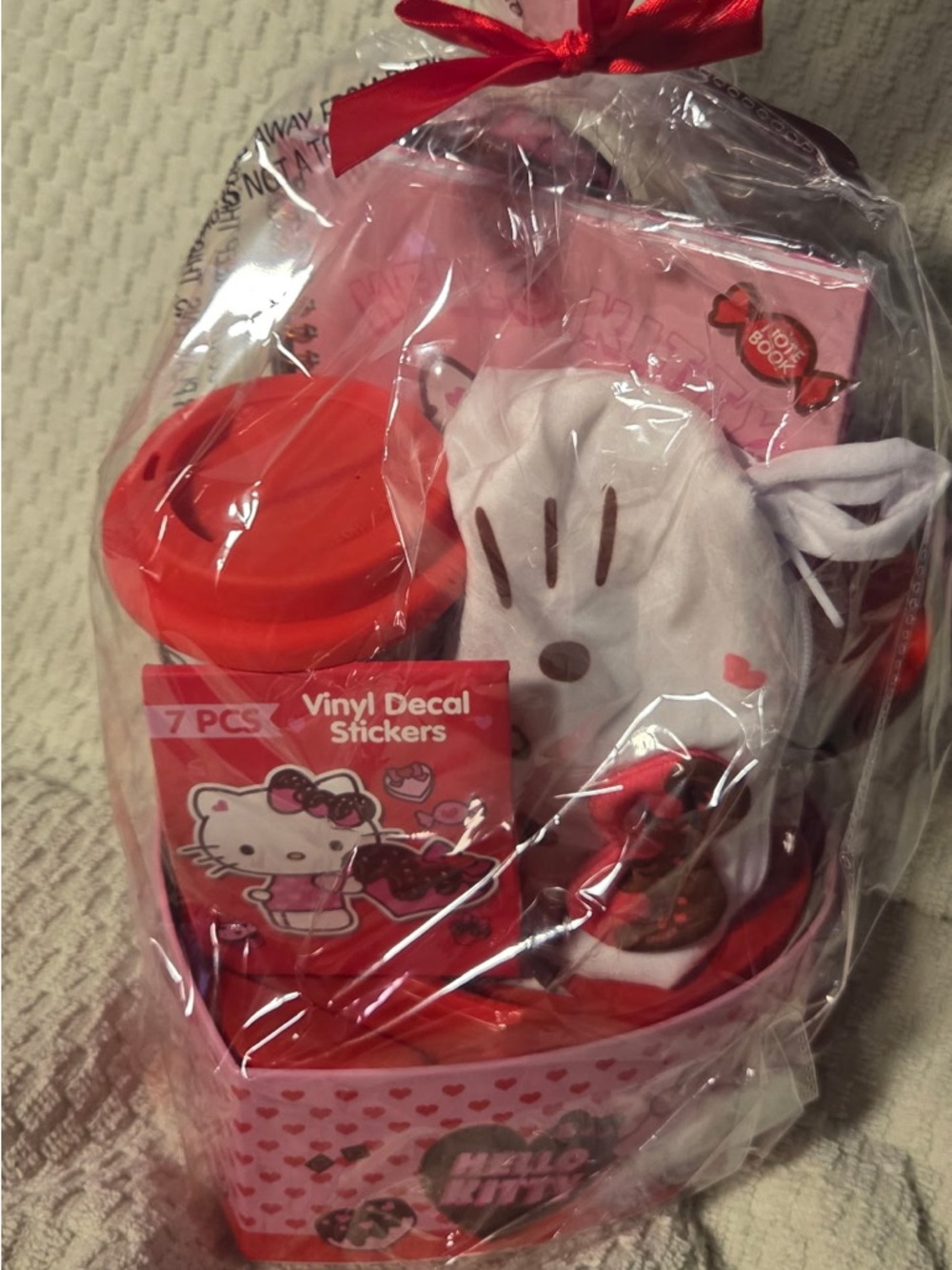 Hello Kitty Red Pink Gift Basket with Plush and Stickers
